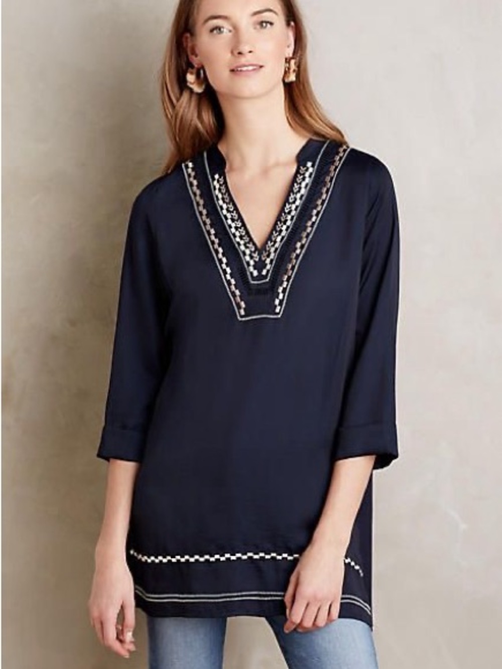 Anthropologie Navy Embroidered V-Neck Tunic with Cream Trim